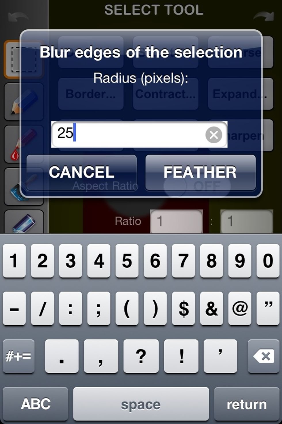 Set how much feather you want to put on the selected section. I put 25 here which is extreme. I'd usually only set it to 5 or below for most uses.