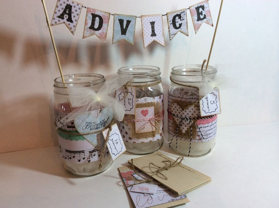 Set jars and advice cards out at shower, wedding and reception for a fun, interactive decor and keepsake piece all in one!!