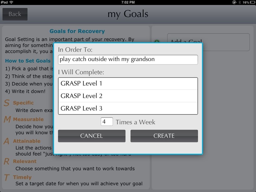 Set specific goals in the space following "in order to:" for the client, select a specific program to reach that goal, and decide how often the client should complete the program for week. "Create"