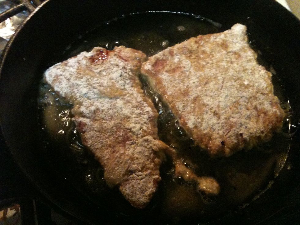 Set steaks in the hot oil and cook on each side 3-6 minutes. It should be nice and golden brown.