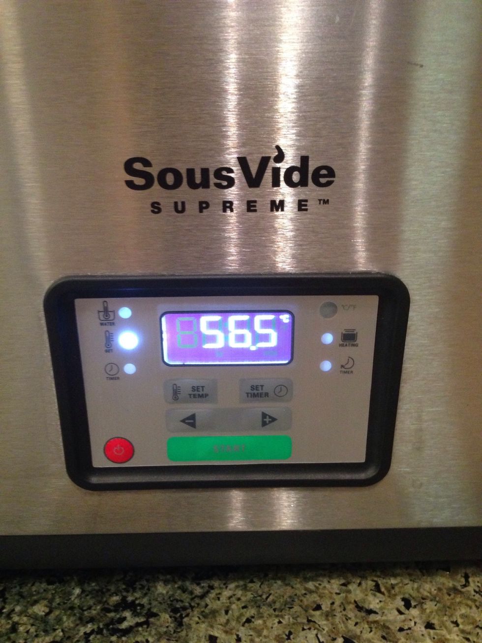 Set temp to 56.5 Celsius, consult DouglasBaldwin.com for the specific time and temperature for your cut of steak.