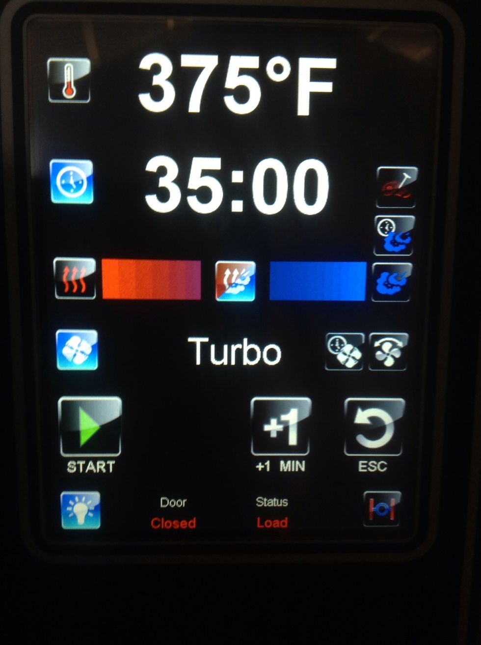 Set temperature of 375F. Set Internal Core Temp of 180F Set to 33% humidity put fan speed on Turbo