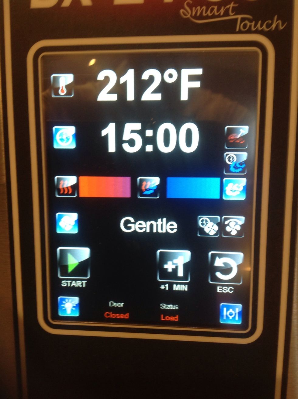 Set Temperature to 212 Set to 100% Humidity Set Fan to Gentle Set time to 15min