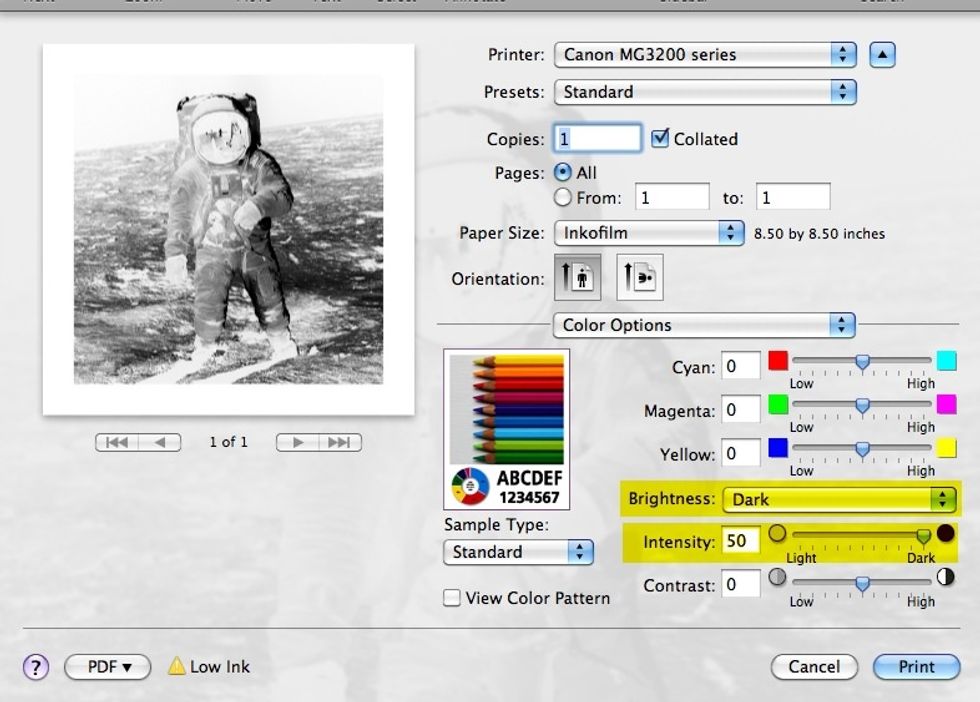 Set the brightness to "Dark" and the intensity to "50".