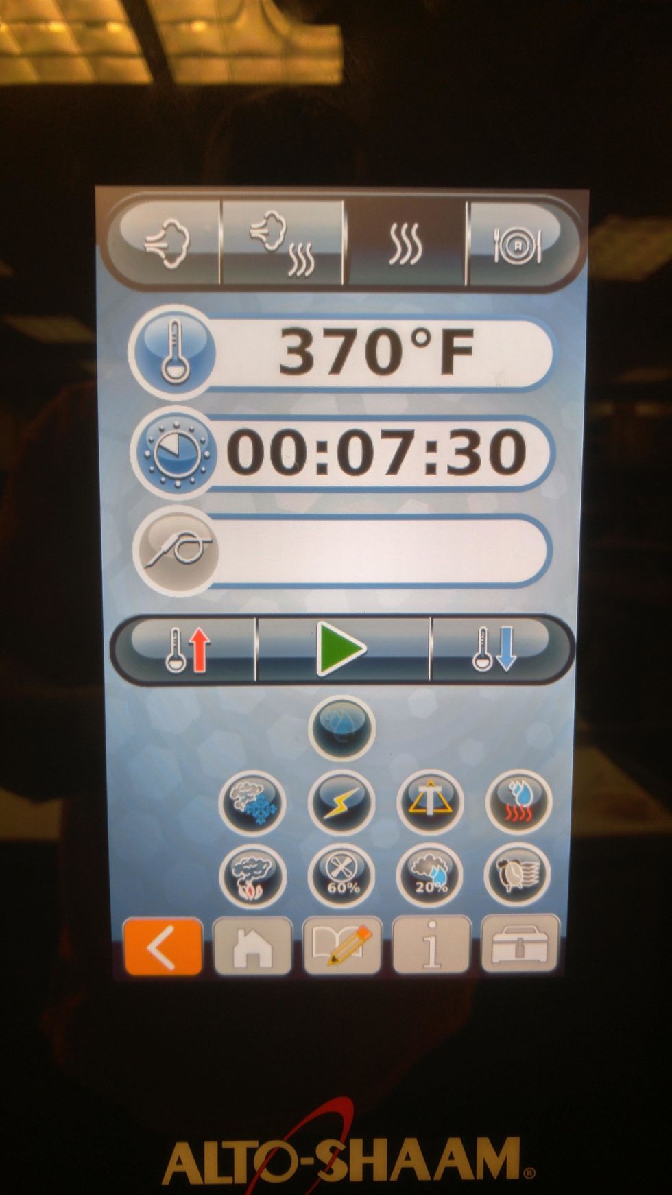 set the combi to convection at 370 degrees. 60% fan and 20% humidity and push the shelf timer button at the bottom right...by the time your first batch is dipped and ready, the oven will be hot.