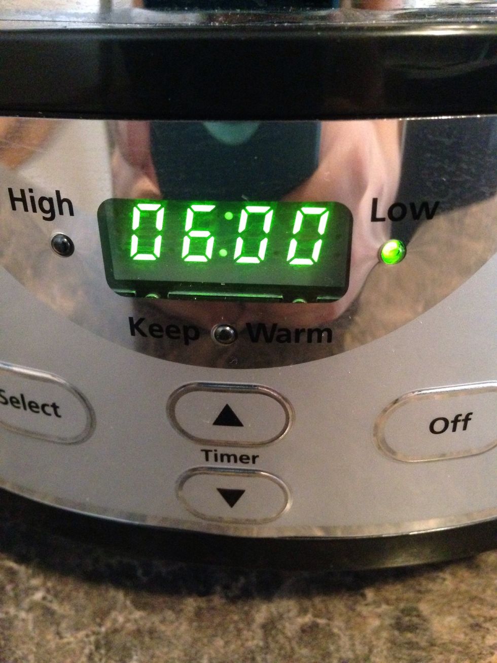 Set the crock pot on low for 6 hours. Make sure to turn on the auto stir!
