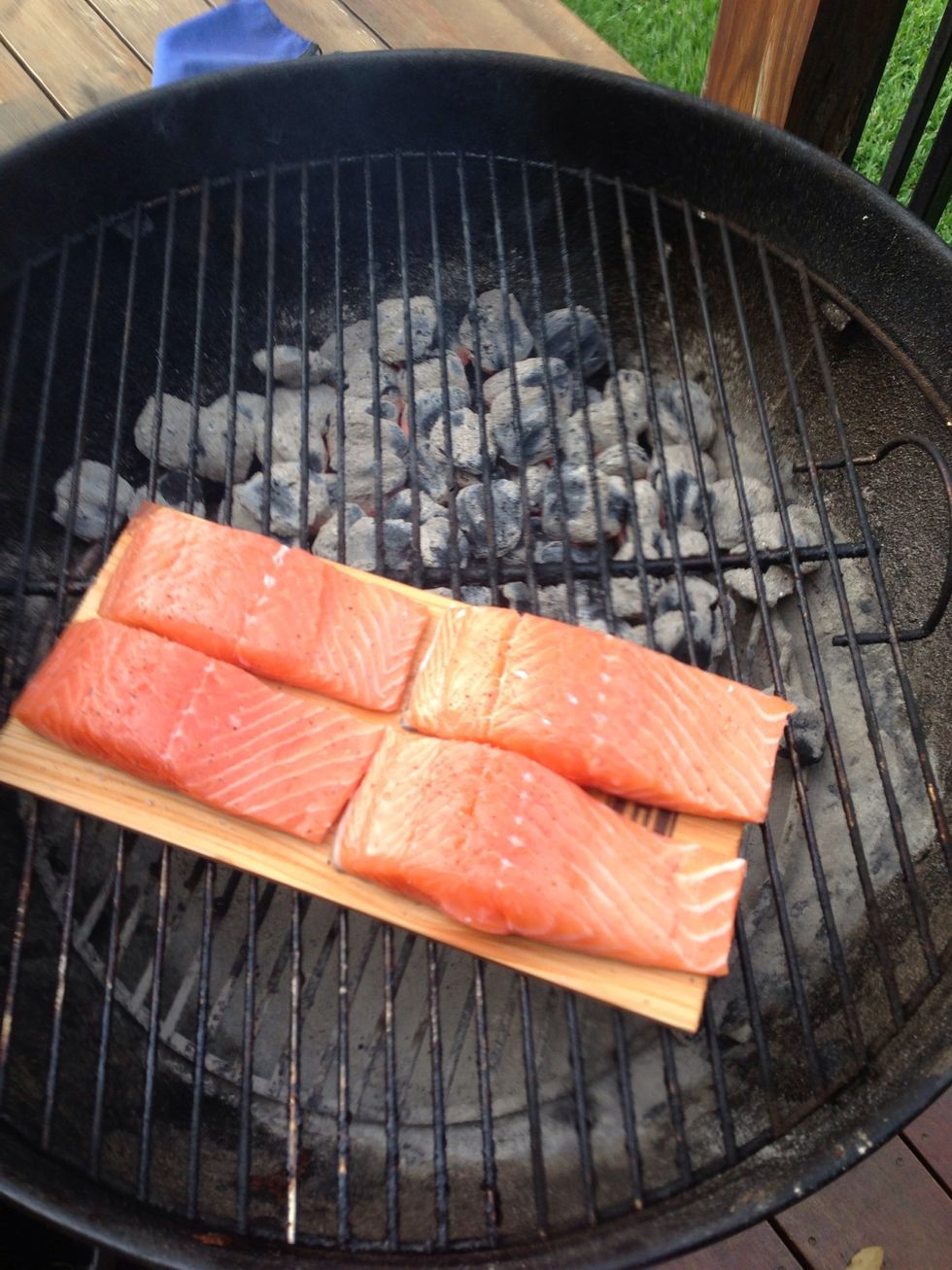 Set the fillets on the grill on the opposite side of the coals and brush with the butter lemon baste.