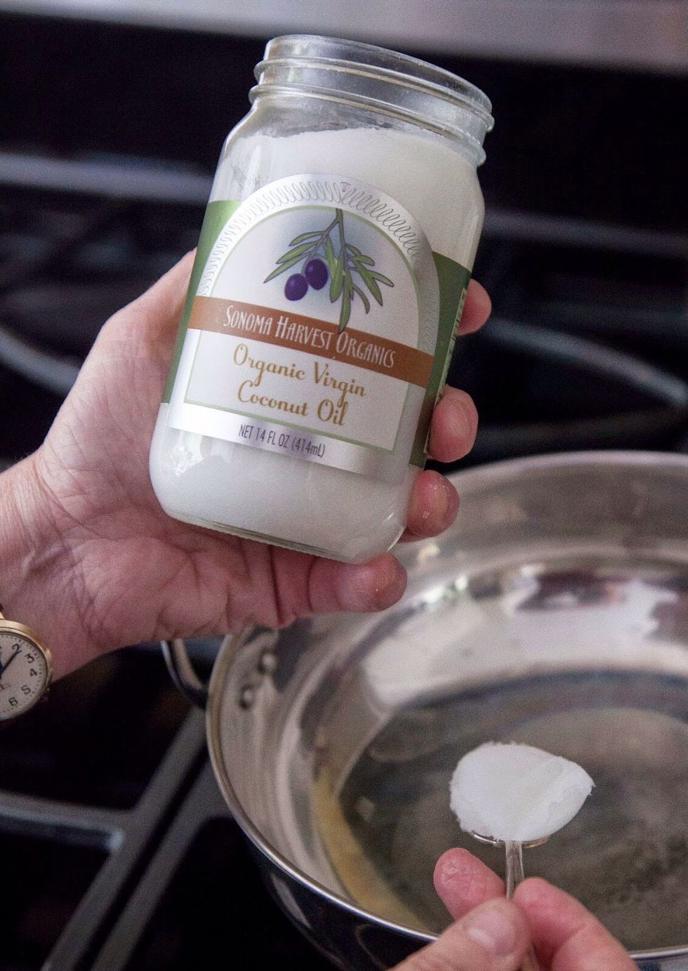 Set the Hara Masala aside. In a skillet or kadhi, heat 3 Tbs of coconut oil.