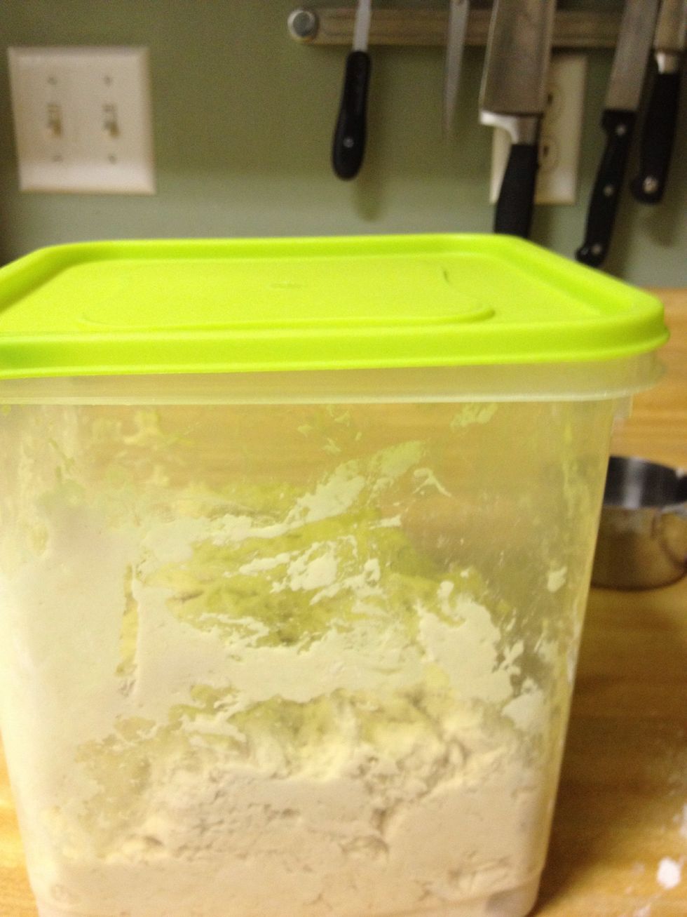 Set the lid on top. Do not seal down. It will explode if you do. Set aside for about two hours.