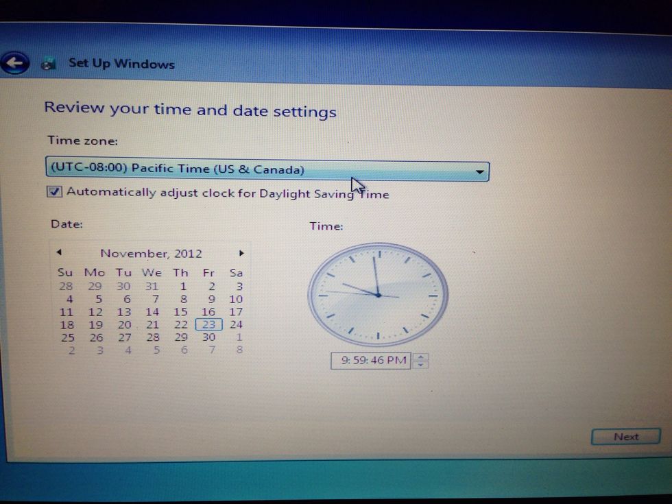 Set the time zone, date, and time.