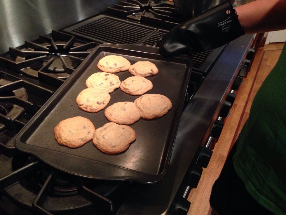 Set the timer for 9 minutes and then check your cookies. If they look brown and cooked through, take them out of the oven to cool. When the cookies are warm. They are soft.