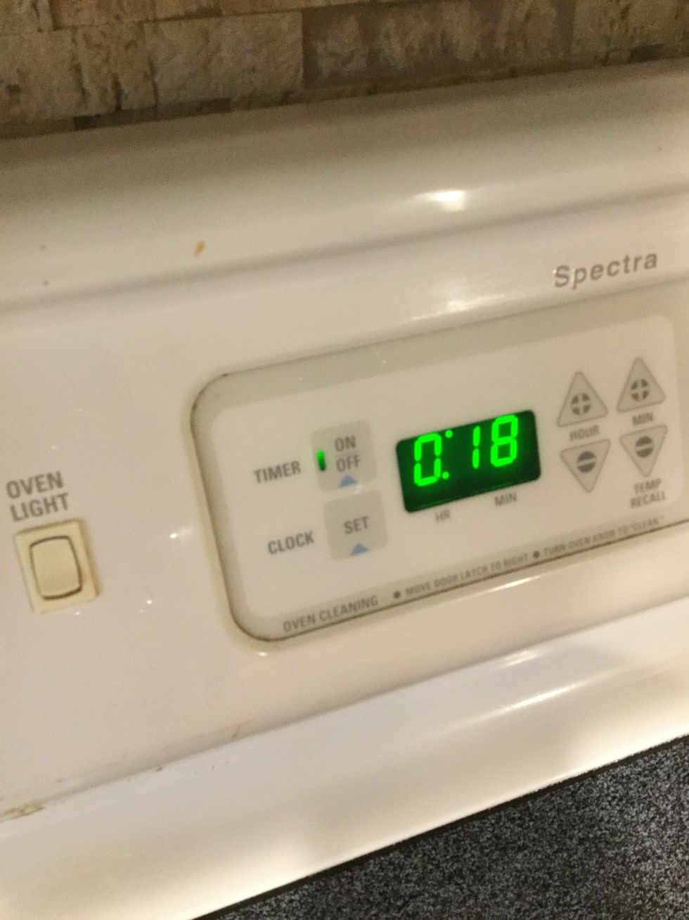 Set timer for 18 minutes. It might take longer. Insert a toothpick when the timer beeps, and if it comes out clean, take it out of the oven to cool. If not, leave it in for 2 minutes and try again.
