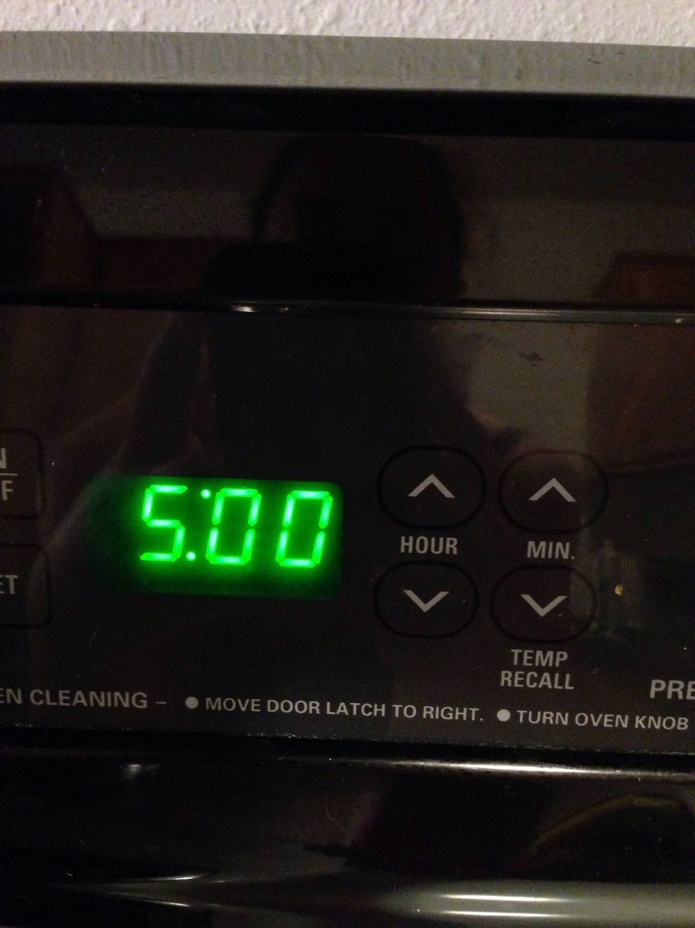 Set timer for 5-5.5 hours. I did five and it was perfect. You can also cook on high for 2 1/2- 2 3/4 hours if you want it more quickly.