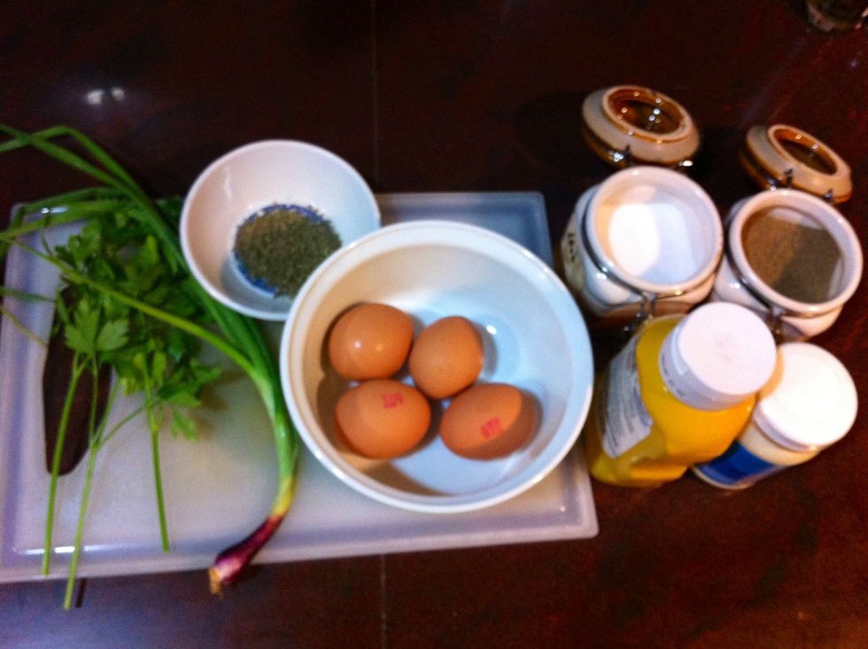 Set up shop by gathering the ingredients. I cheated by adding dry herbs. I also used yellow mustard. I would have used Dijon if I had it. (All ingredients are not shown here.)