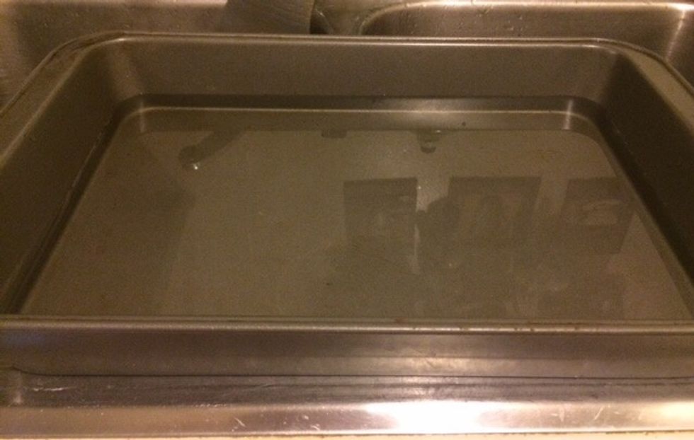 Set up the deep cake pan with 1/4th water (when you add the round baking dish it\u2019ll rise).