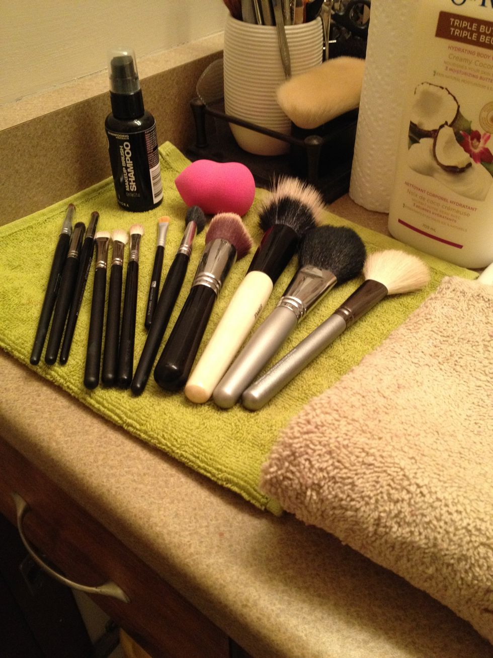 Set up your workspace next to your sink.  {Products used in this tutorial:  Sephora Makeup Brush Shampoo and St. Ives Triple Butters Creamy Coconut Body Wash}