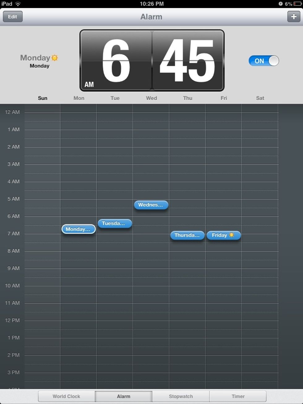 Set your alarm! Make sure you give yourself at least an hour and 10 minutes to get ready. Try waking up to a favorite song to get you going and put your alarm across the room so you have to get up.
