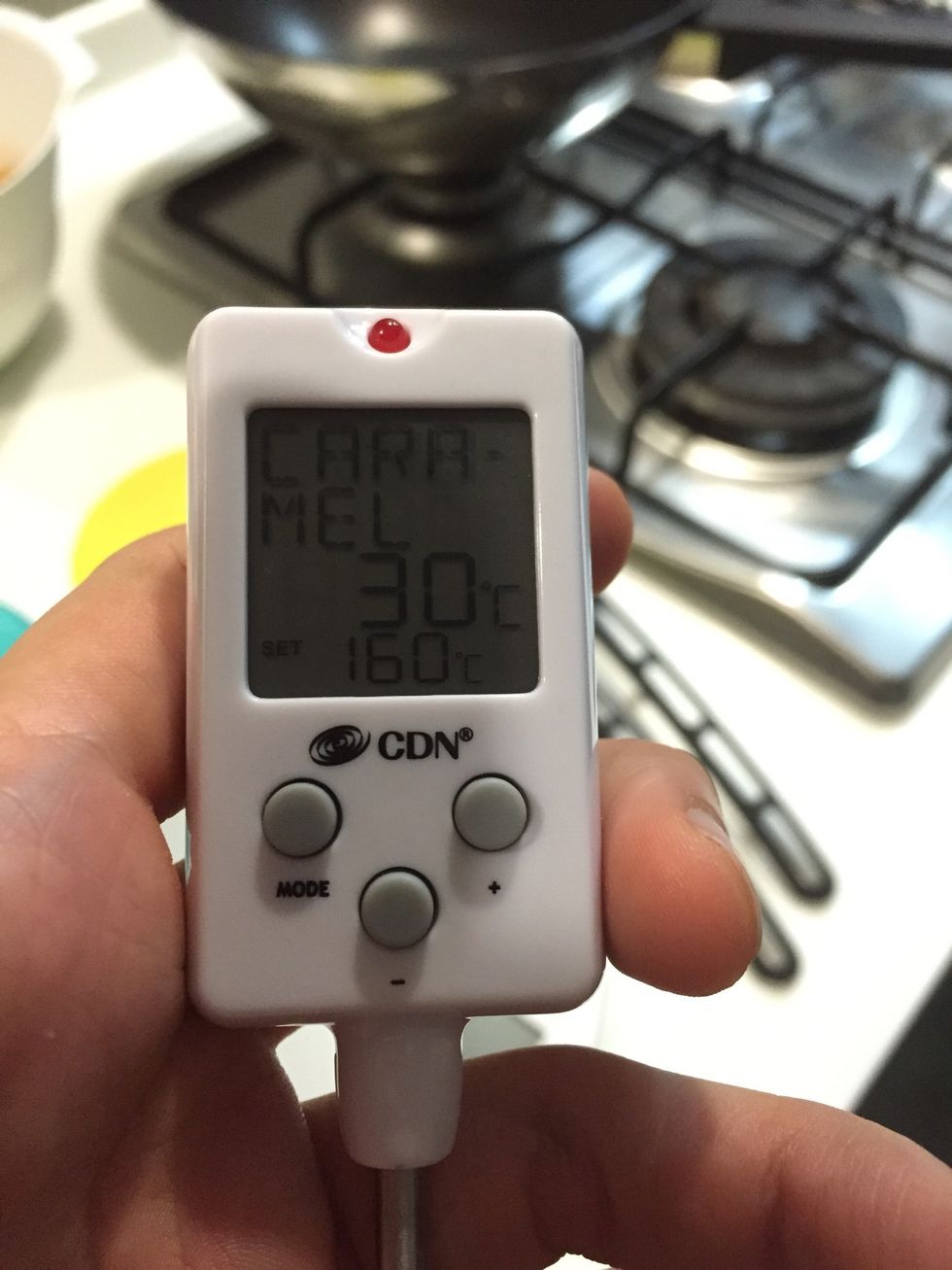 Set your candy thermometer to 160c. Be very careful with the caramel. It can cause serious injury.