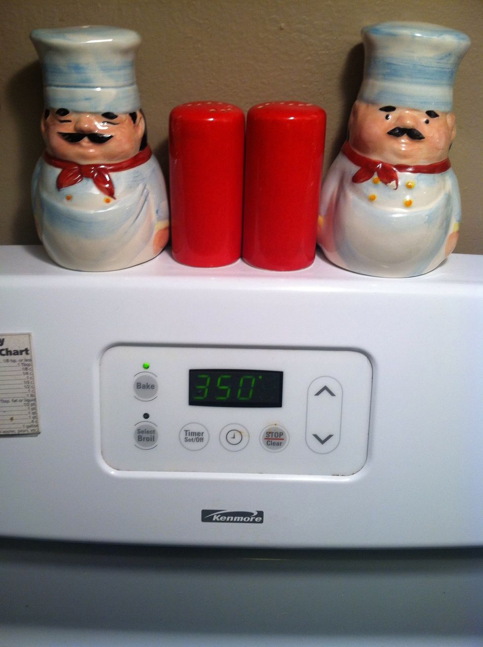 Set your oven to 350 Fahrenheit.