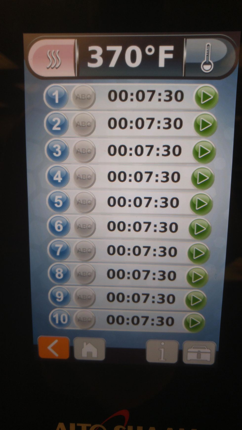 set your shelf timer to 7:30 seconds and hit the play button. If you want to par-bake them for later use...simply back off on the time. The fan auto-reverses so there is no need to spin the pans.
