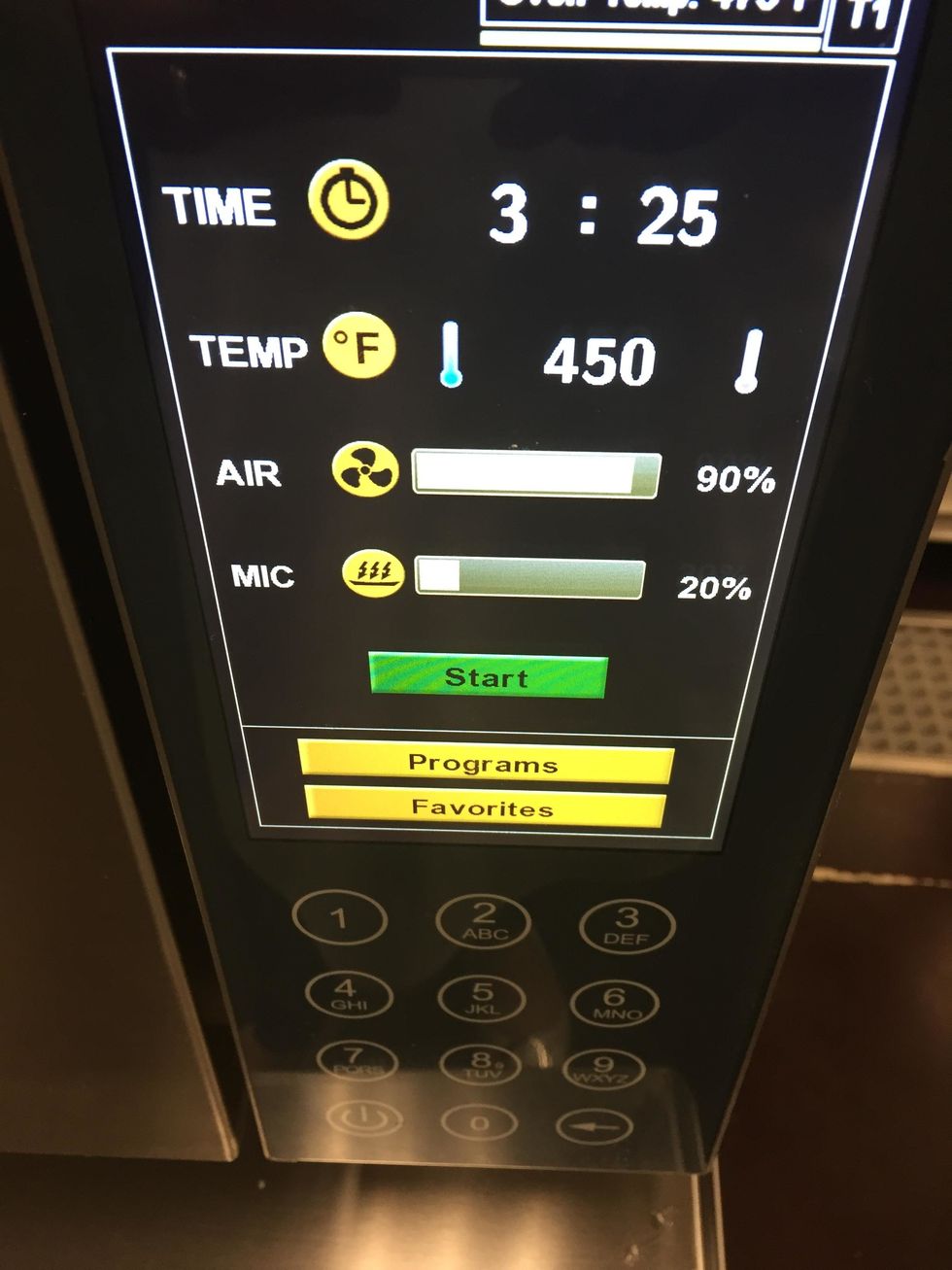 Settings are: 3:25 min, 450 degrees F, 90% air, 20% microwave