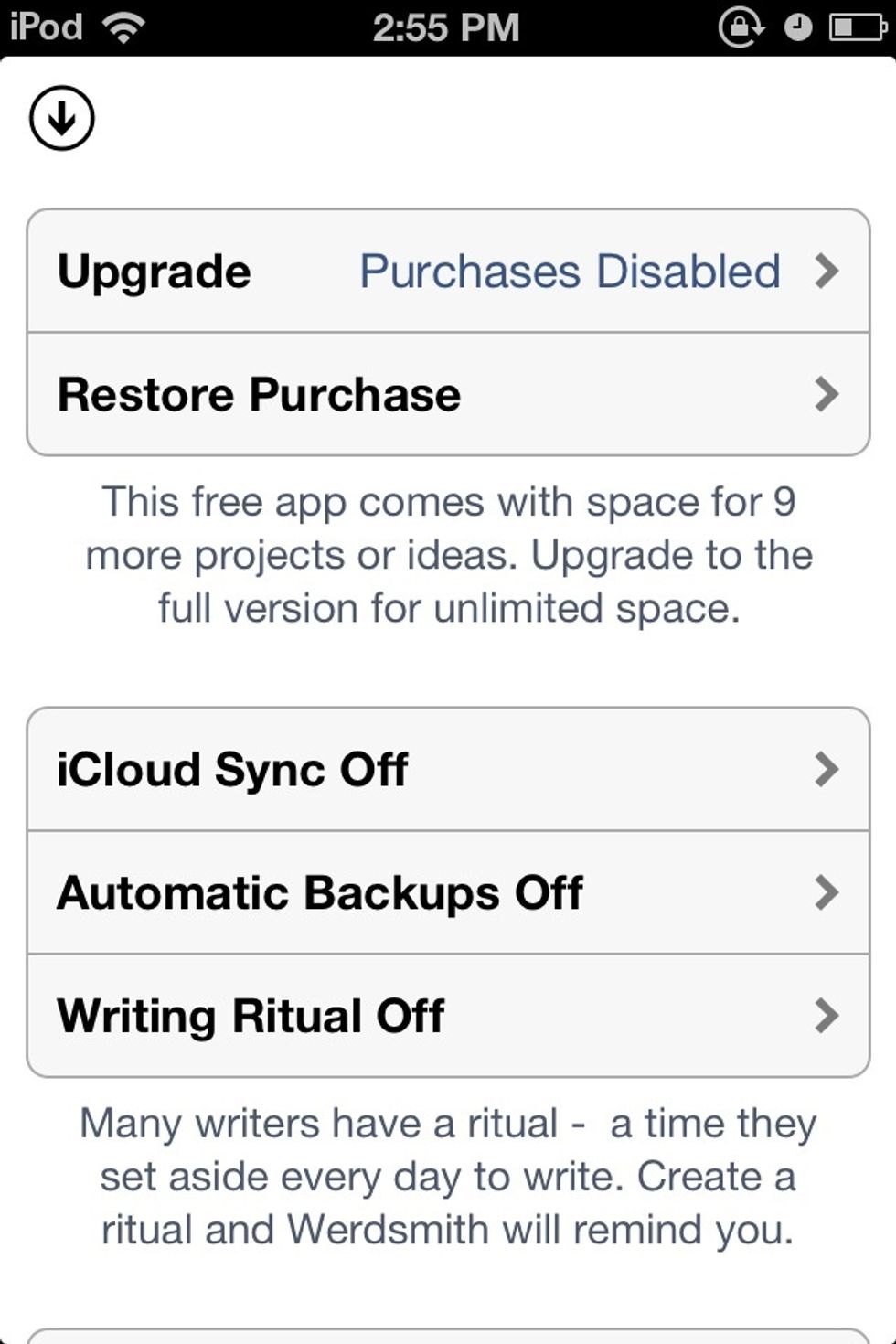 Settings. You have to pay $2.99 to upgrade. Writing Ritual is just a reminder that it's time to write!