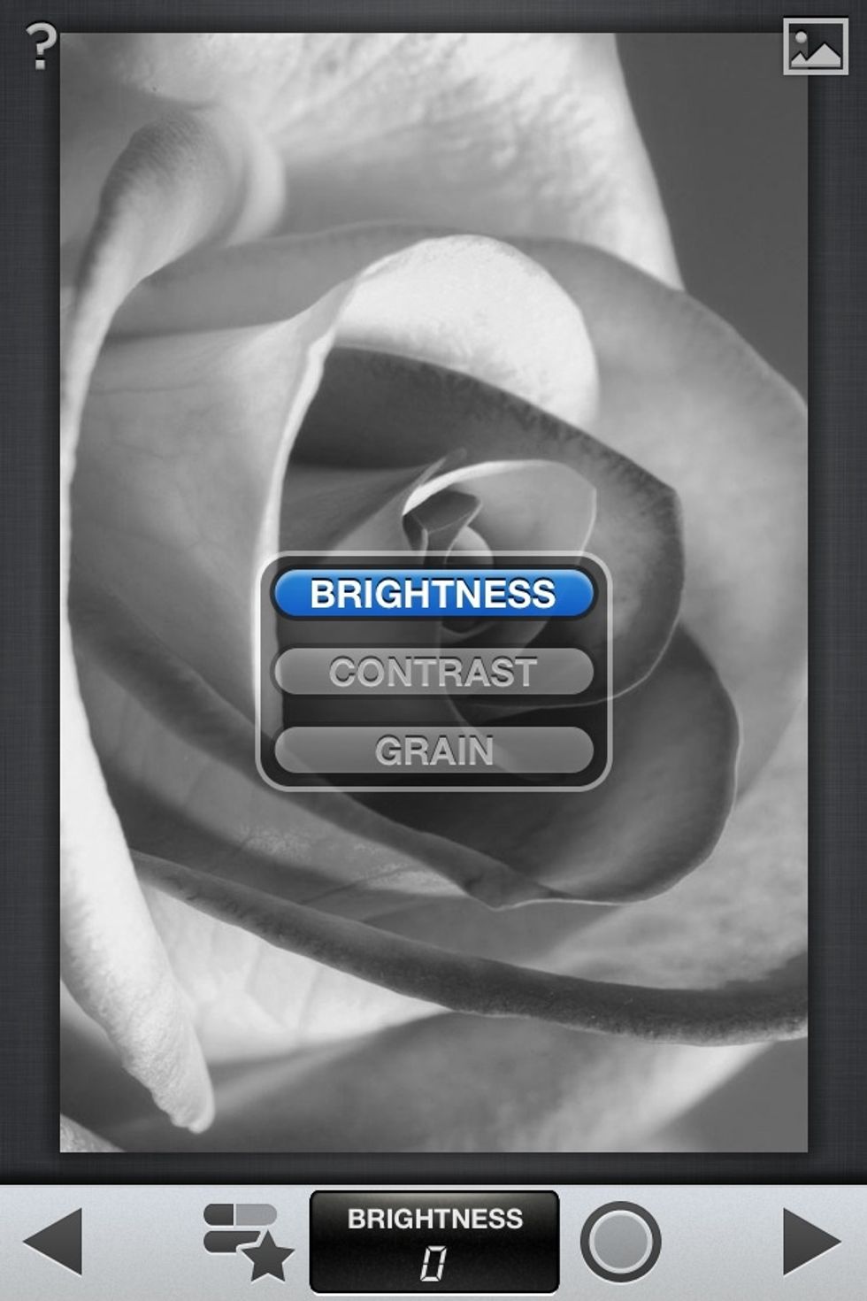 Seventh: Black & White. The Black & White menu. Grain adds fuzziness.