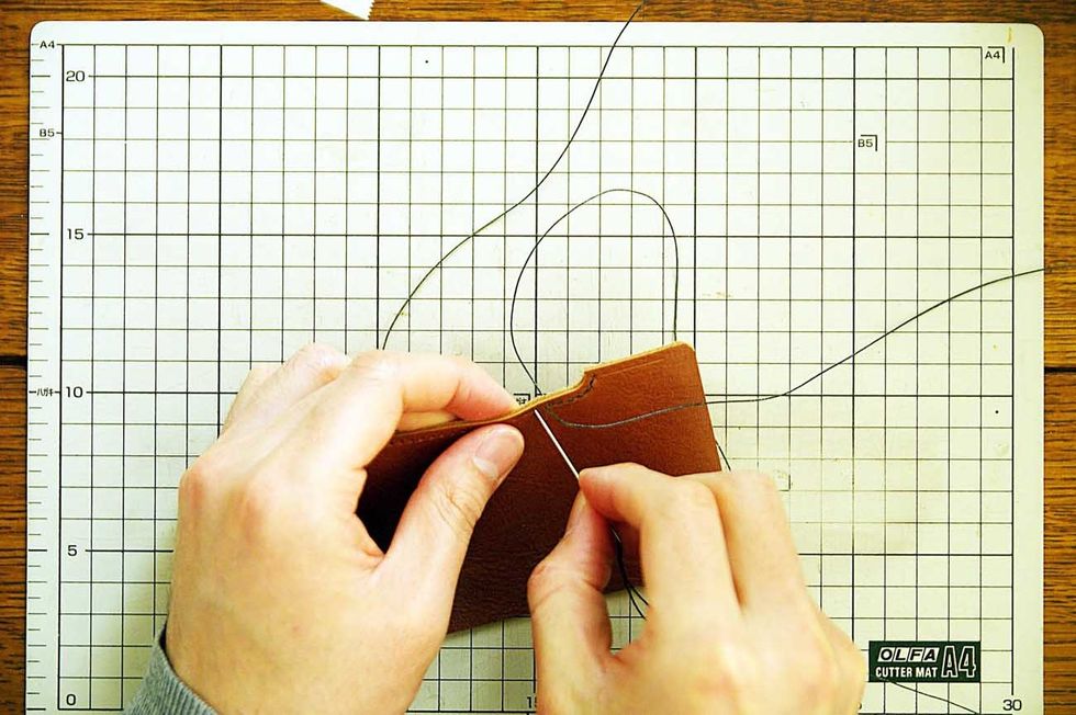 Sew it with the wax cord.