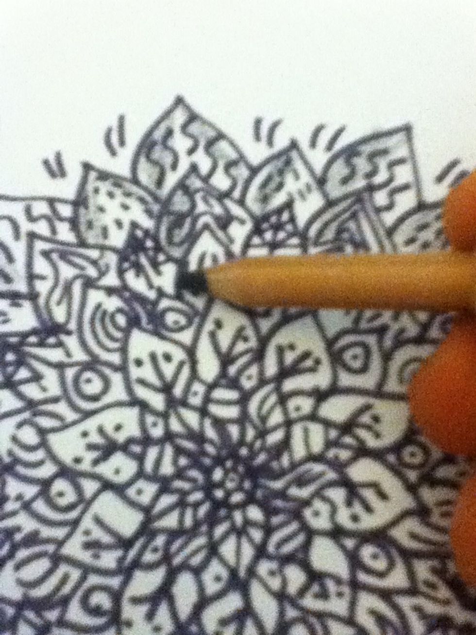 Shade in half of the petals with a black colouring in pencil