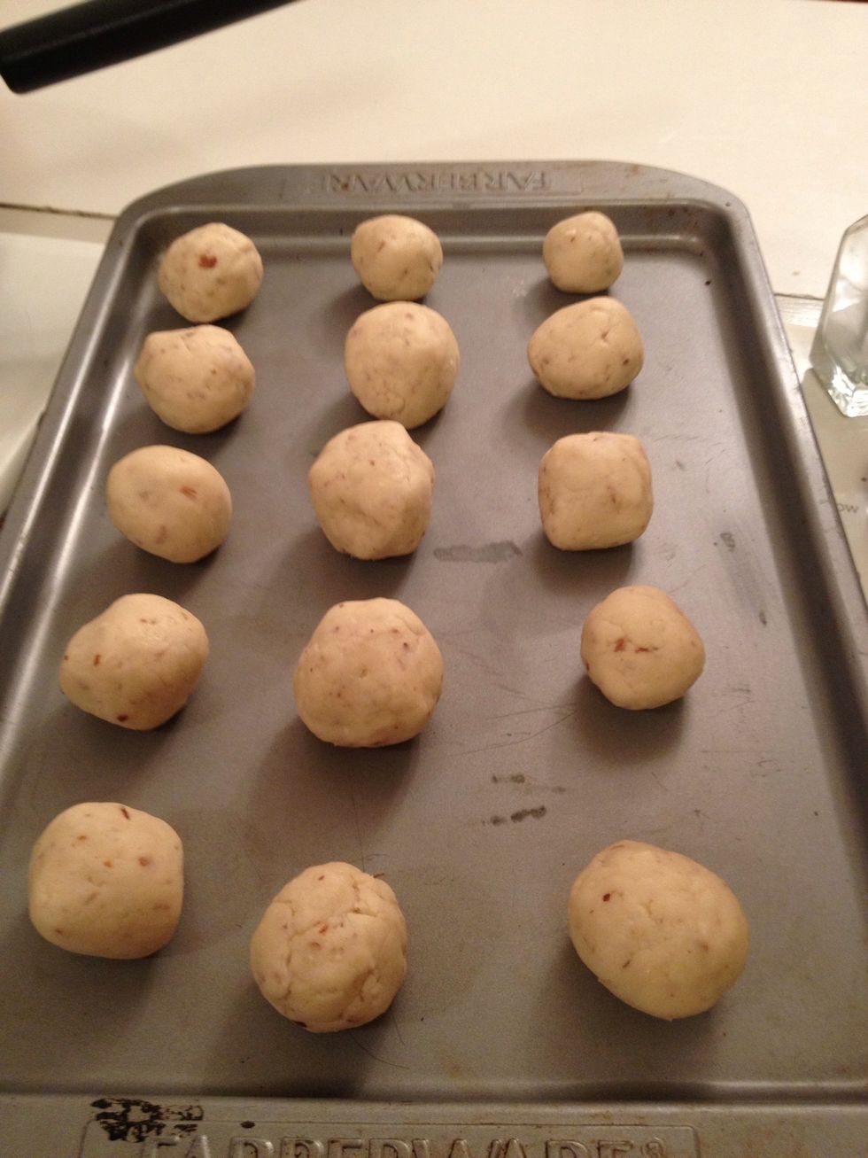 Shape into 1 inch balls. Mine are kinda random sizes. I made little ones for my mom who is on a strict diet. Bake for 15-20 minutes