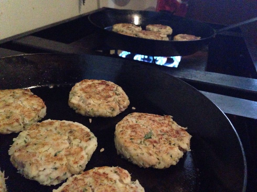 Shape into balls and flatten. Spray a heavy bottom pan liberally with non stick spray. Put on a medium heat and cook til we'll browned on each side.