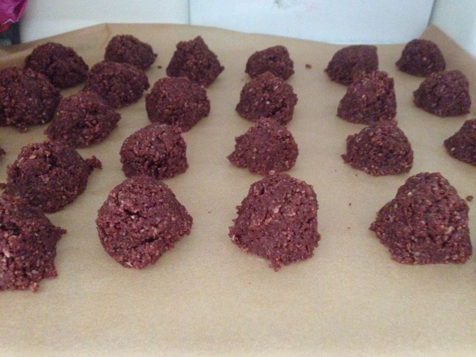 Shape onto parchment paper and place in refrigerator until hardened - approximately 30 minutes. I like to freeze them for about 15 minutes then move to the refrigerator for keeping. Delicious!