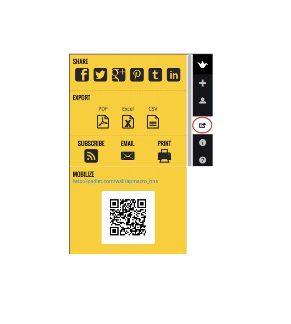 Share your wall with others via social media; export the contents of your wall via PDF, Excel, or CSV or invite others to collaborate by sharing the URL or the QR Code.