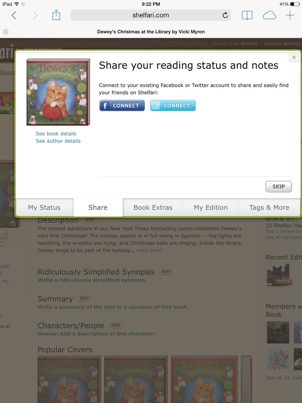 Shelfari will take you thru several steps when you use the "add" button. I tend to skip this step here about Facebook and Twitter, but that's generally a time- saving decision for me.