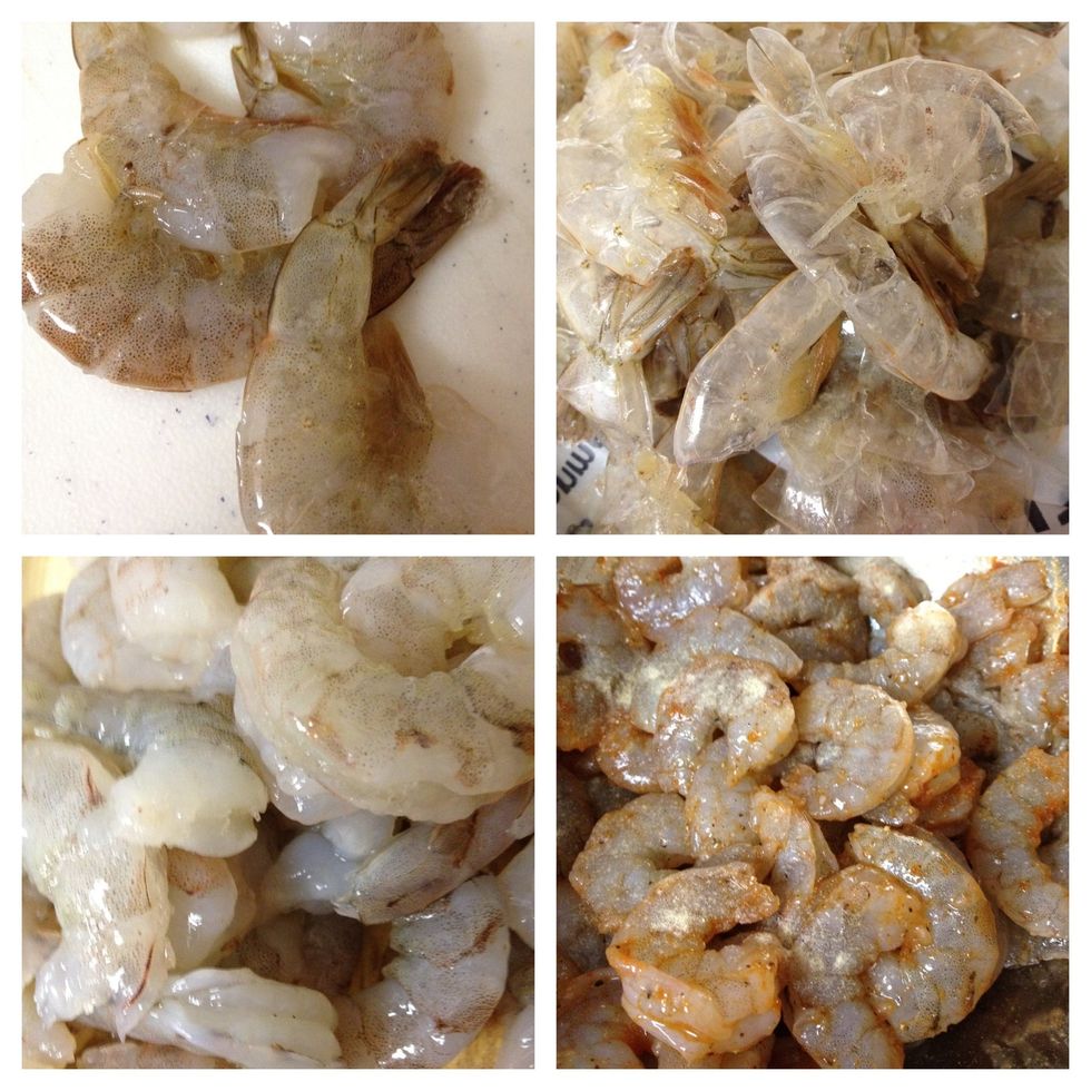 shell/devein the shrimp by pinching the tail and pulling the shell off. season with salt, pepper, ginger. add sriracha and soy sauce. (all of this is to taste, whatever you prefer.)
