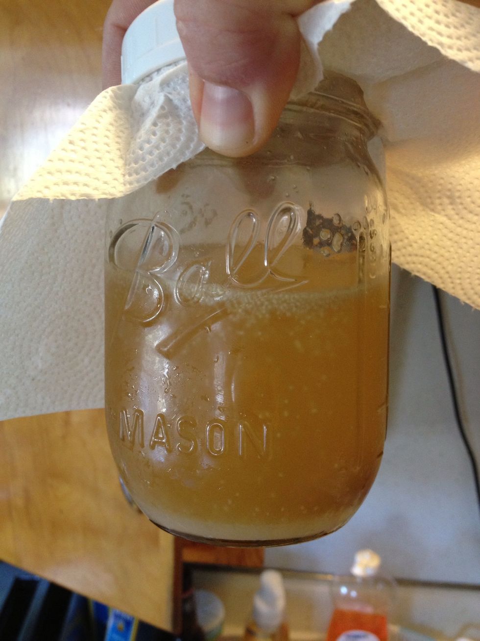 Shortly after shaking so you can see the air bubbles in the mixture.