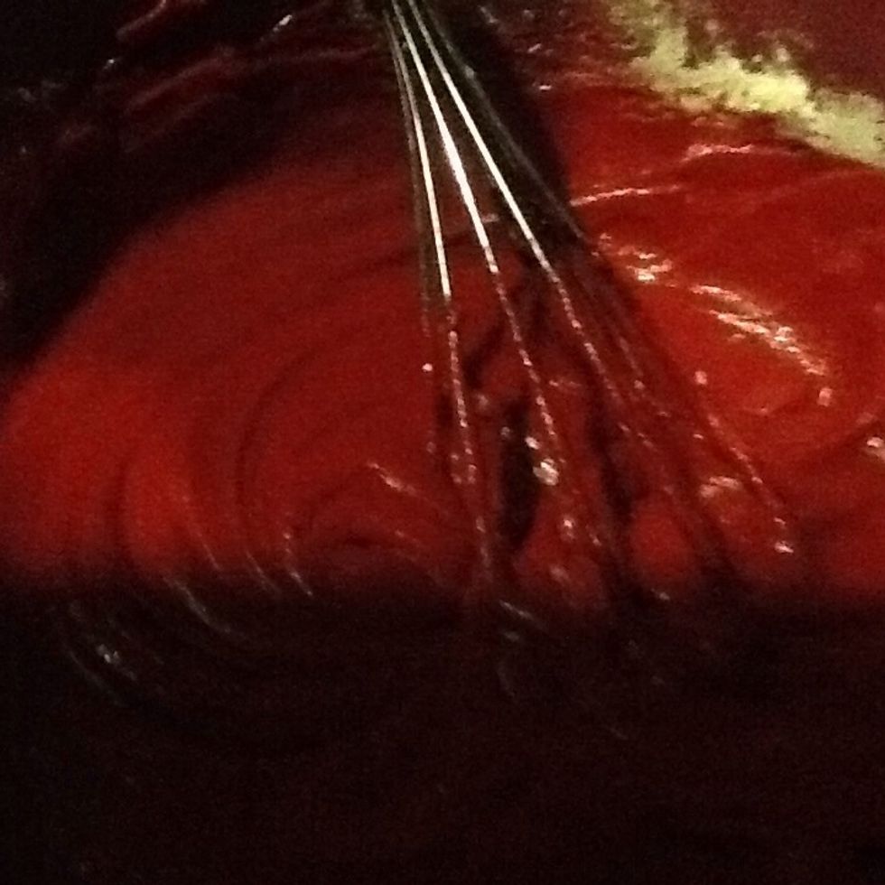 Should look and feel thick and be very red when added all the flour