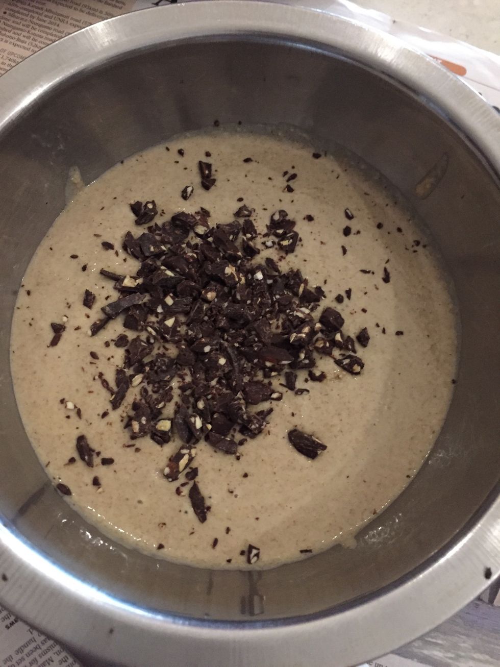Should look like this. As I said in the supply list it is optional but this is where you can add some dark chocolate(however much you like). One can also add fruit such as blueberries. Mix together