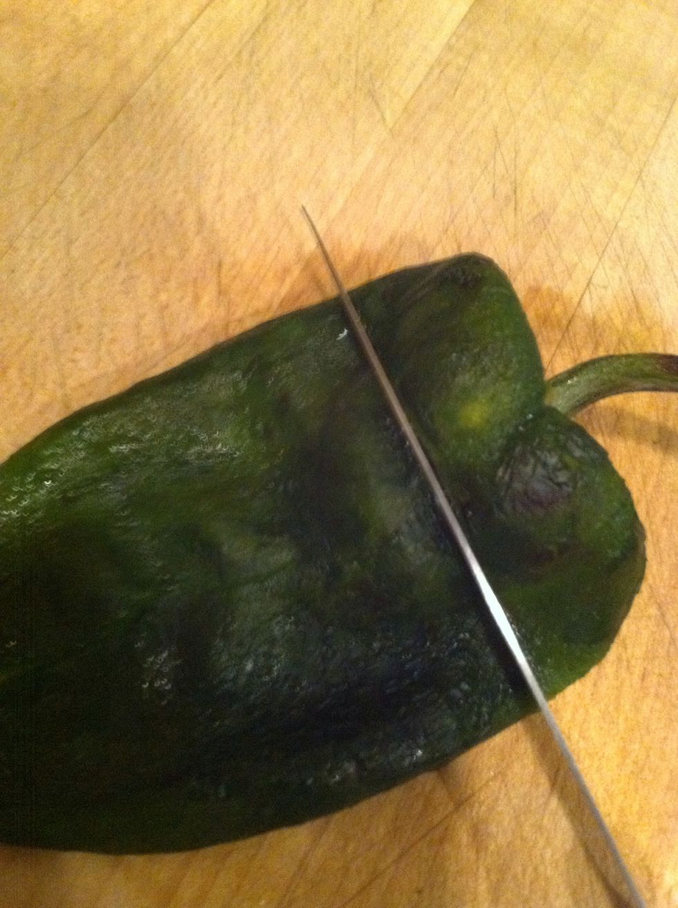 Should look like this when the skin is off. Now lets take out the seeds from the inside. With a knife cut like shown on the pic