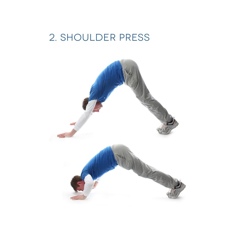 Shoulder Press - Set up in the downward dog position. Lower yourself down on your arms and press back up. Do 15 of these