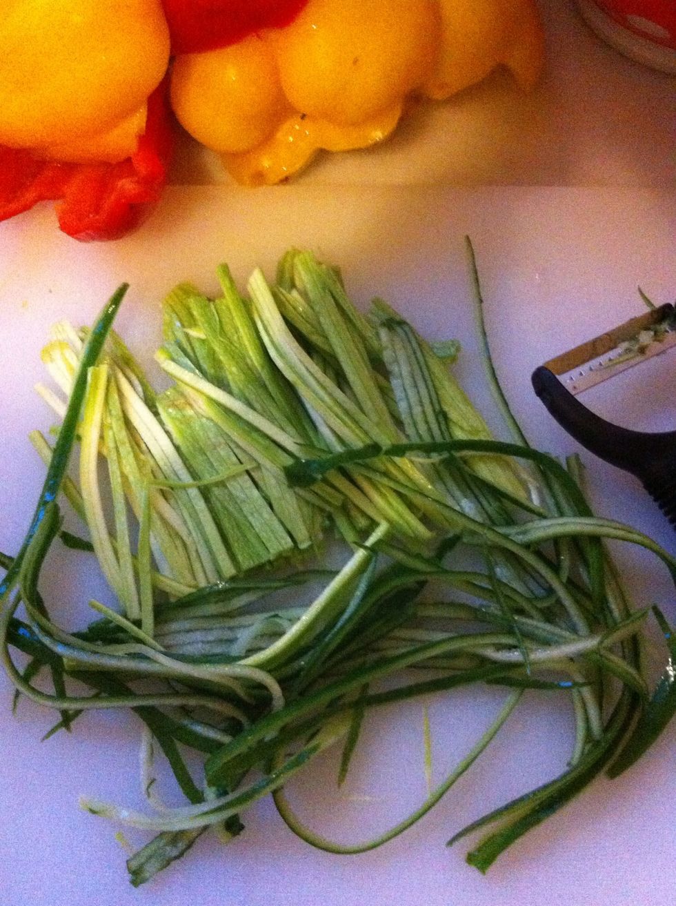Shred cucumbers and zucchini. Discard inside the part with seeds.