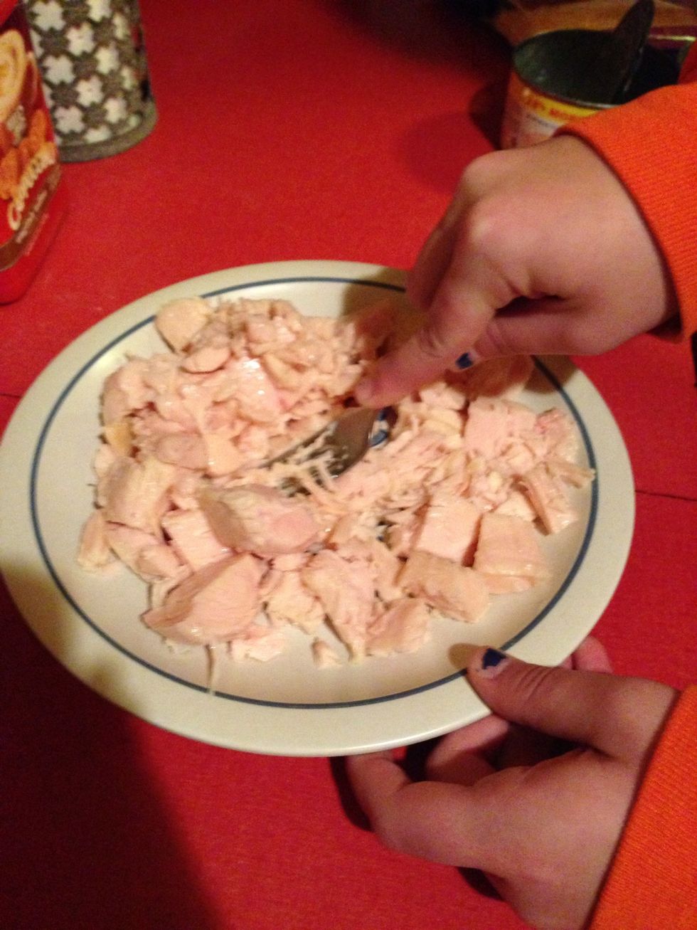 Shred the chicken with a fork until it's all in little bits.