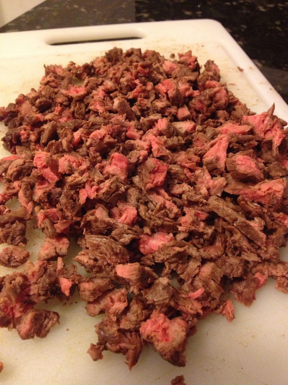 Shred your meat into tiny pieces. Here I used steak.