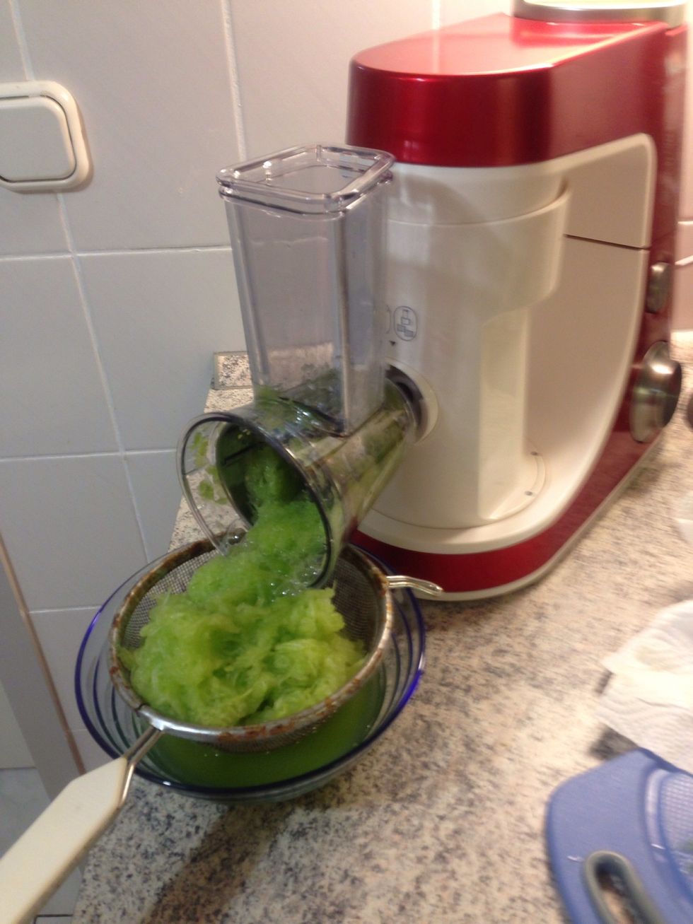 Shredder it into a sieve and don't forget to put a bowl under it. Otherwise it would be a mess! Then put salt to make the water running out better. Set aside!