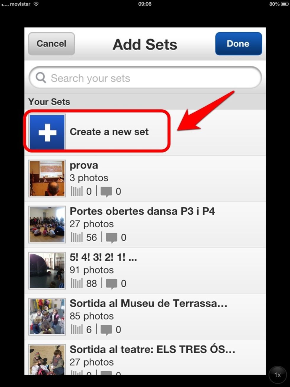 Si heu de crear un nou \u00e0lbum (que ser\u00e0 el cas m\u00e9s habitual), "tap" a "Create a new set". \u00c9s important que quan pugem les fotos les assignem a un \u00e0lbum, aix\u00ed optimitzem la classificaci\u00f3.