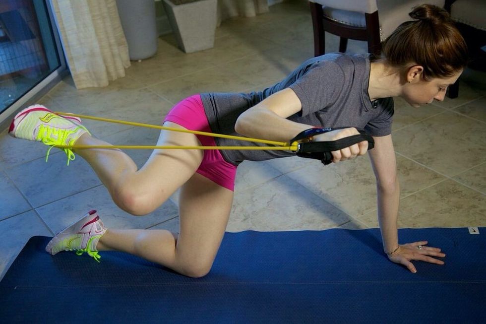 Side Extensions Part I: Love these!! Start with all fours on the ground, knees under hips and arms under shoulders. Wrap the band around the right foot with the ends in the right hand.