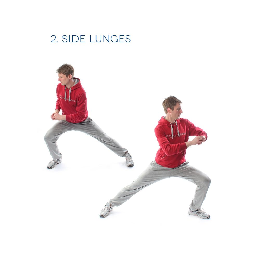Side lunge - Step to the side, toes pointing away at 45 degrees, bringing your knee forward so that it's over your toes. Do 20 on each side