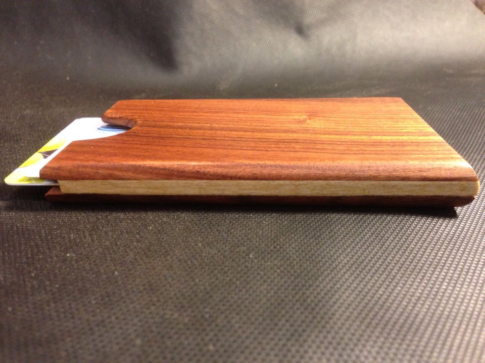 Side view of new dark wood business credit card holder.