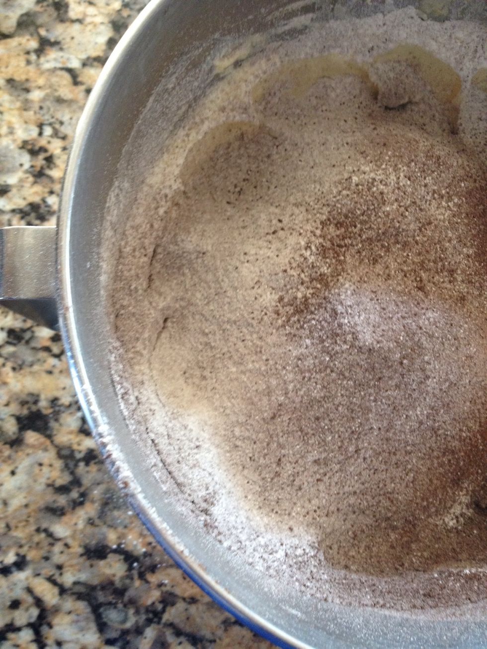 Sift: 2 1/2 c cake flour, 1/2 cup dutch processed cocoa, 3 tsp baking soda, 2 tsp baking powder and a pinch of salt