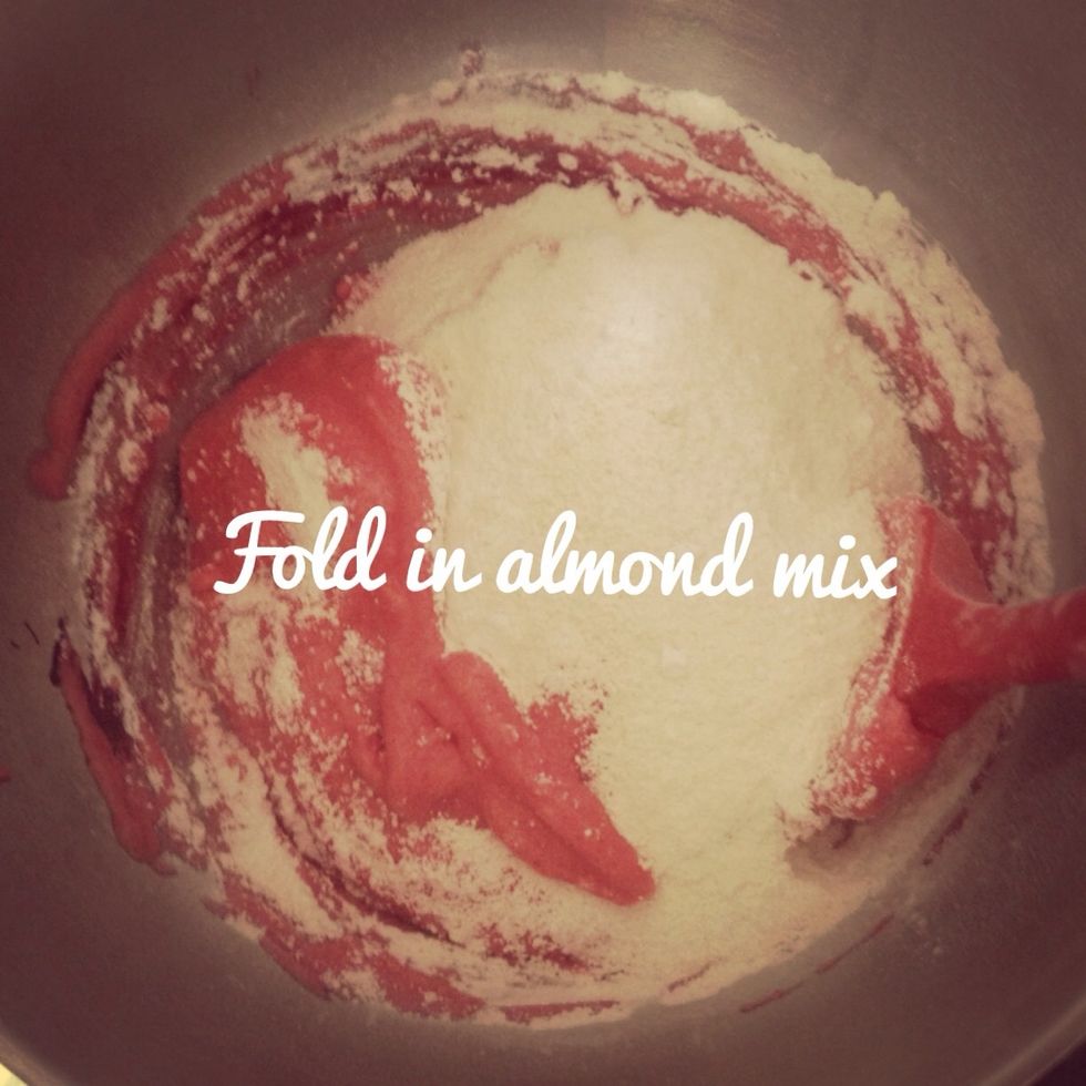 Sift 200g icing sugar and 120g of ground almonds together. Fold this into the mixture slowly with a rubber spatula.